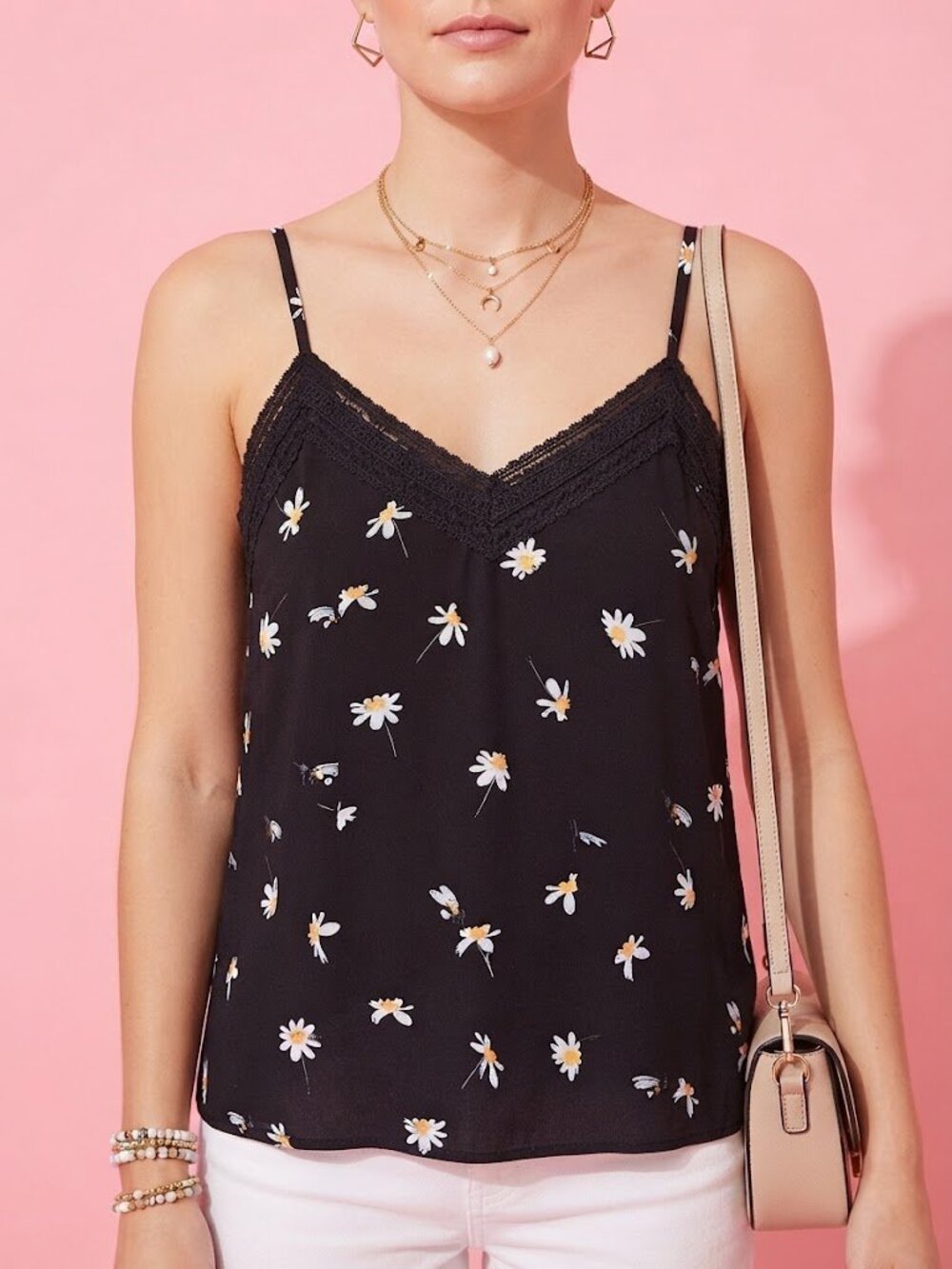 Black Daisy-Print Lace-Trim Cami Tank
